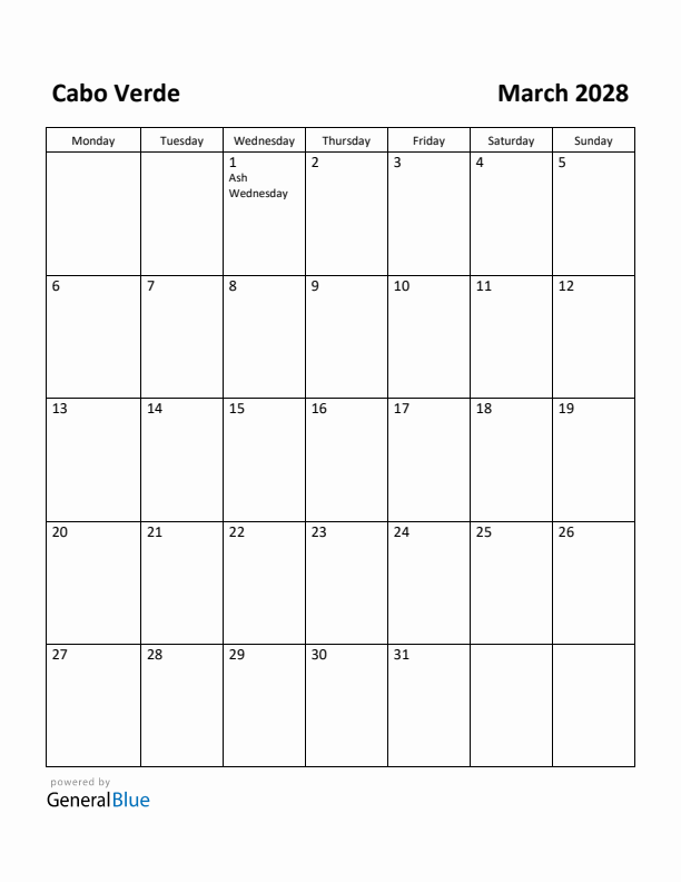 March 2028 Calendar with Cabo Verde Holidays