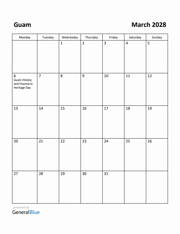 March 2028 Calendar with Guam Holidays