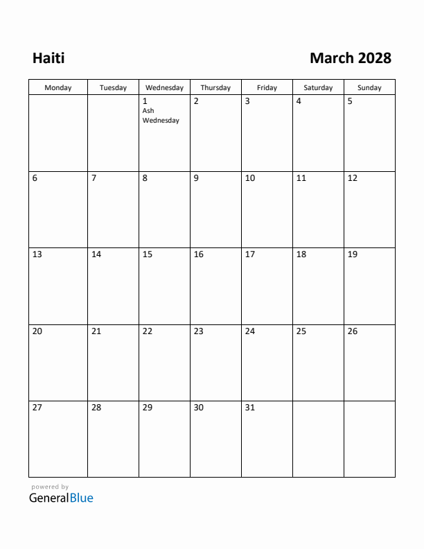 March 2028 Calendar with Haiti Holidays