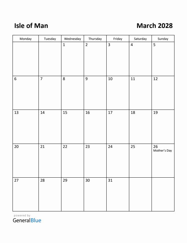 March 2028 Calendar with Isle of Man Holidays