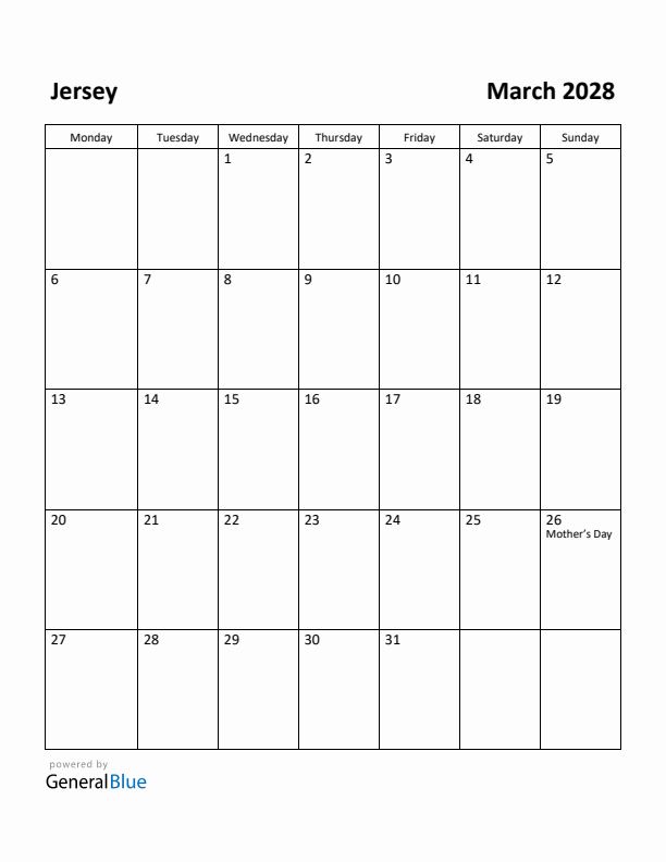 March 2028 Calendar with Jersey Holidays