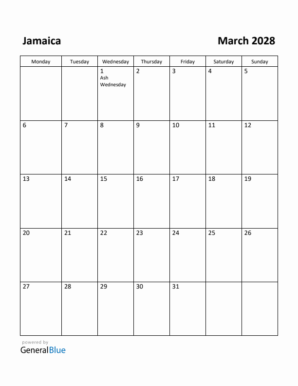 March 2028 Calendar with Jamaica Holidays