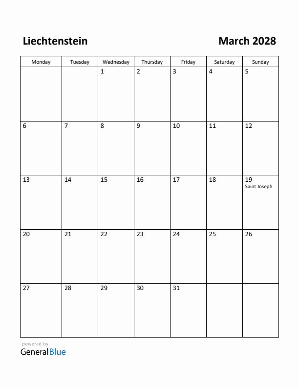 March 2028 Calendar with Liechtenstein Holidays