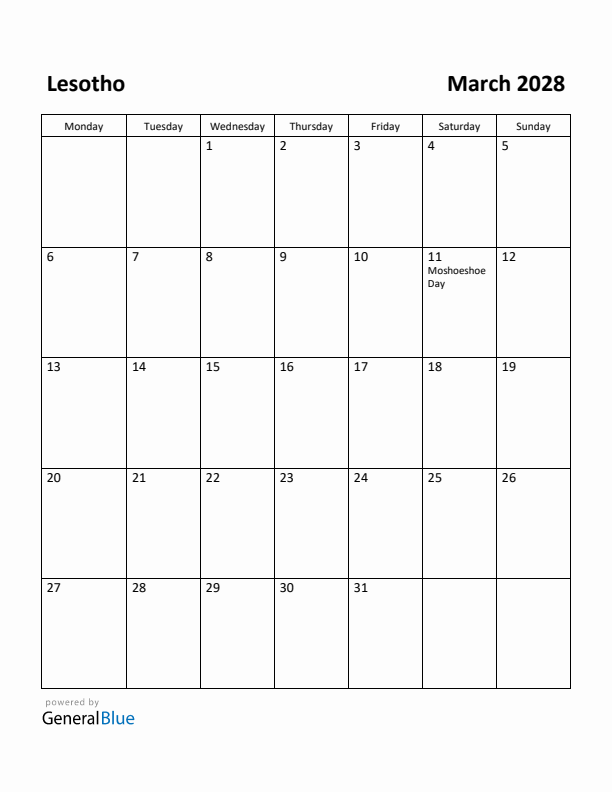 March 2028 Calendar with Lesotho Holidays