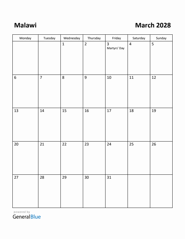 March 2028 Calendar with Malawi Holidays