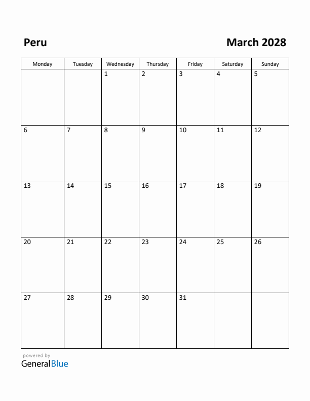 March 2028 Calendar with Peru Holidays