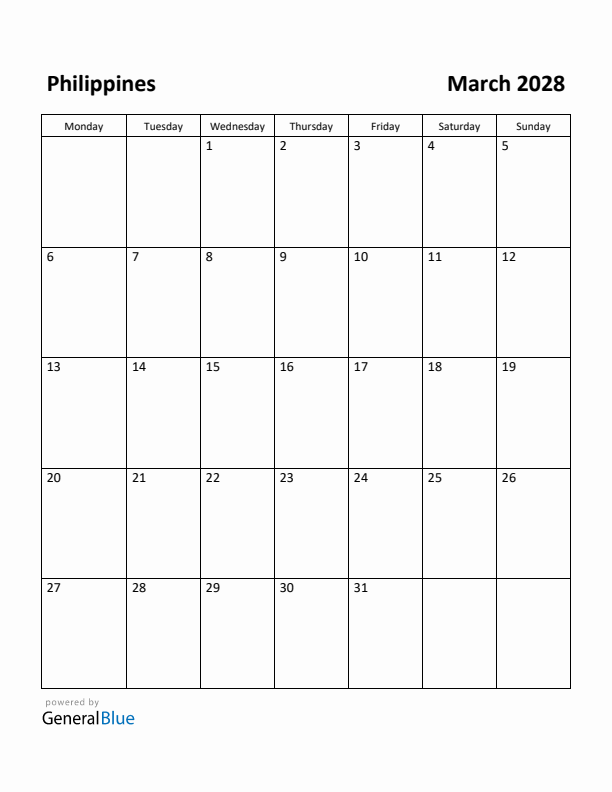March 2028 Calendar with Philippines Holidays