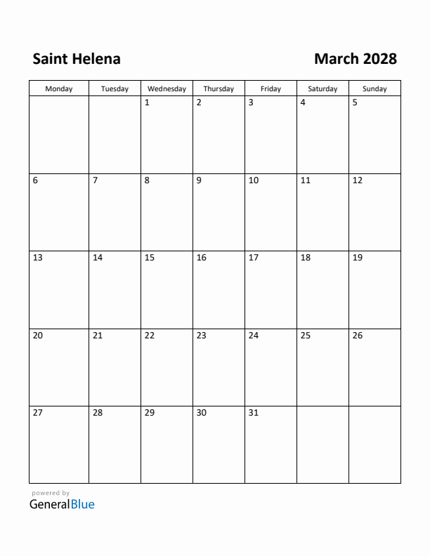 March 2028 Calendar with Saint Helena Holidays