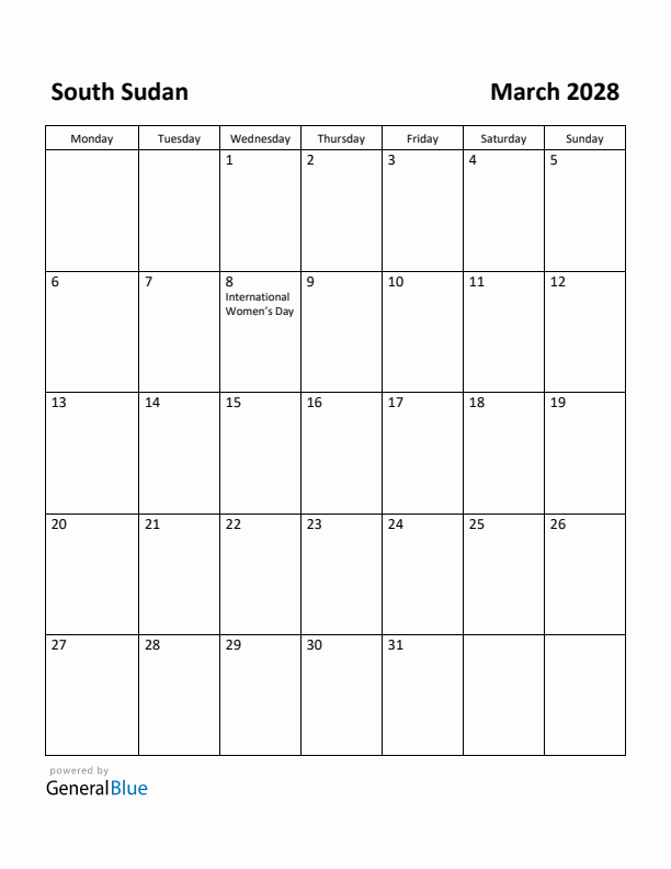 March 2028 Calendar with South Sudan Holidays