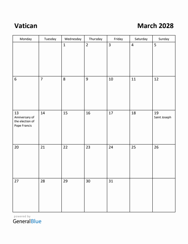 March 2028 Calendar with Vatican Holidays