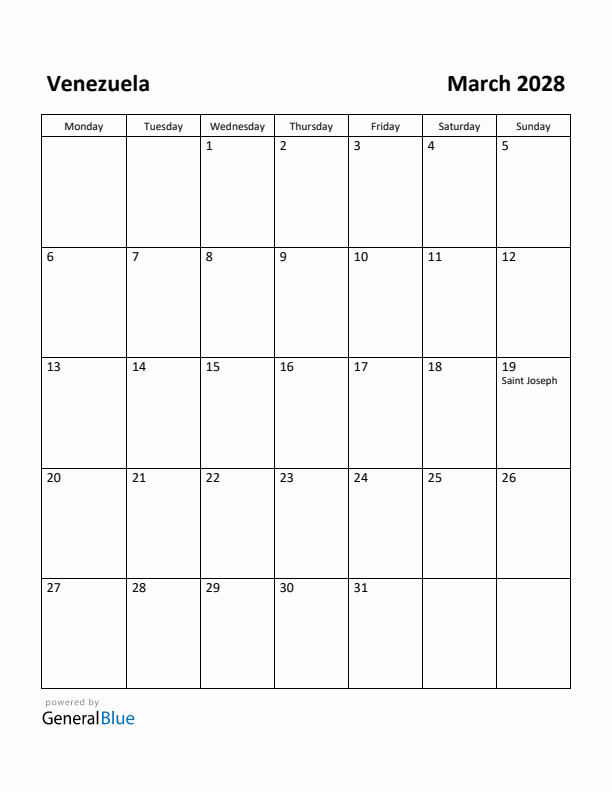 March 2028 Calendar with Venezuela Holidays