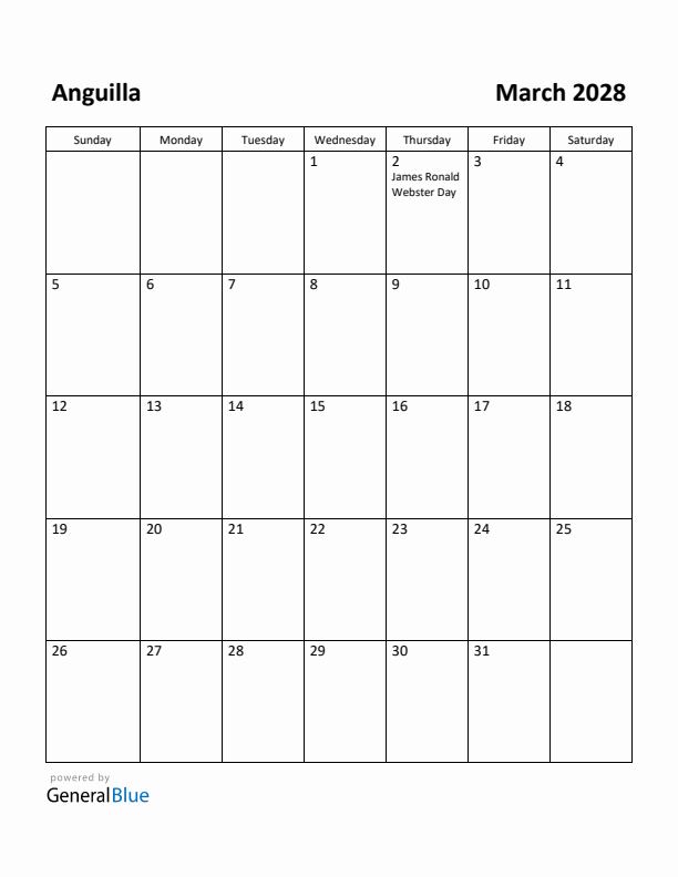 March 2028 Calendar with Anguilla Holidays