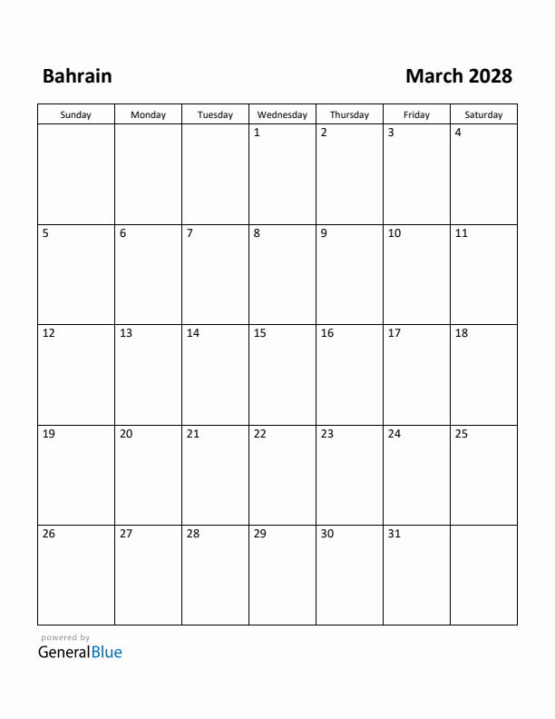 March 2028 Calendar with Bahrain Holidays
