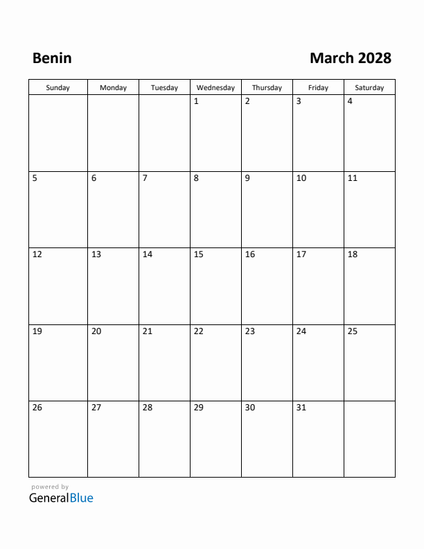 March 2028 Calendar with Benin Holidays