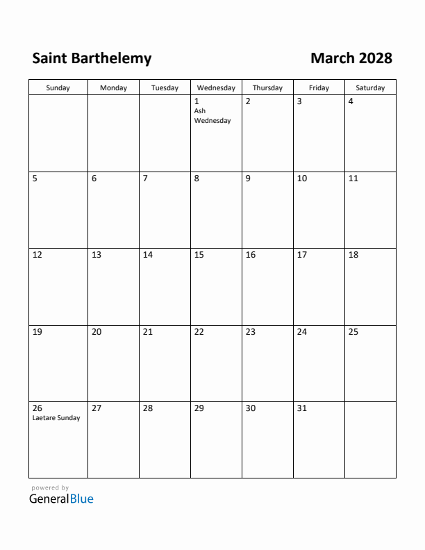 March 2028 Calendar with Saint Barthelemy Holidays