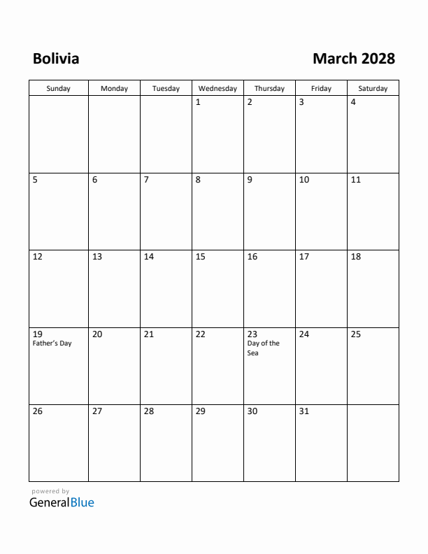 March 2028 Calendar with Bolivia Holidays