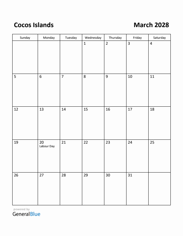 March 2028 Calendar with Cocos Islands Holidays