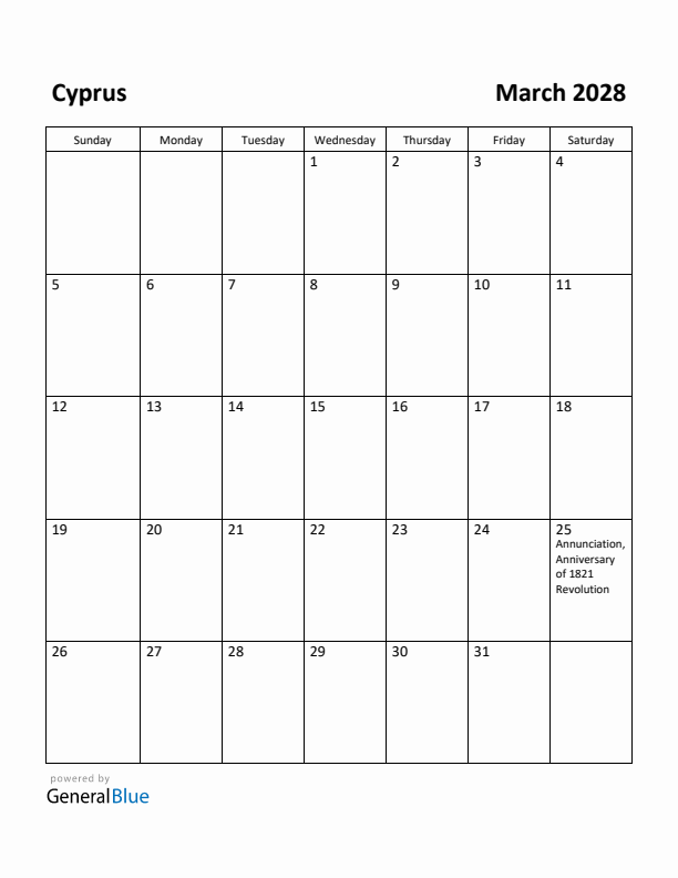 March 2028 Calendar with Cyprus Holidays