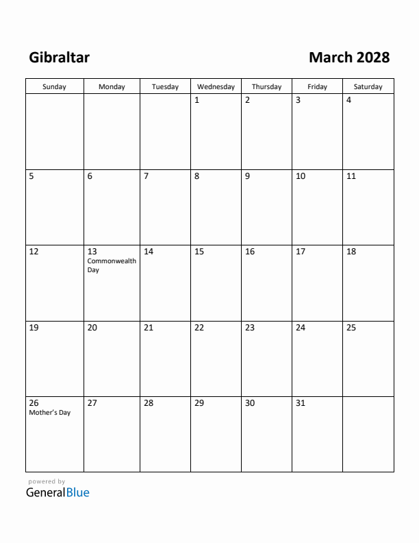 March 2028 Calendar with Gibraltar Holidays