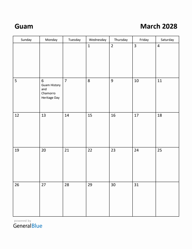 March 2028 Calendar with Guam Holidays