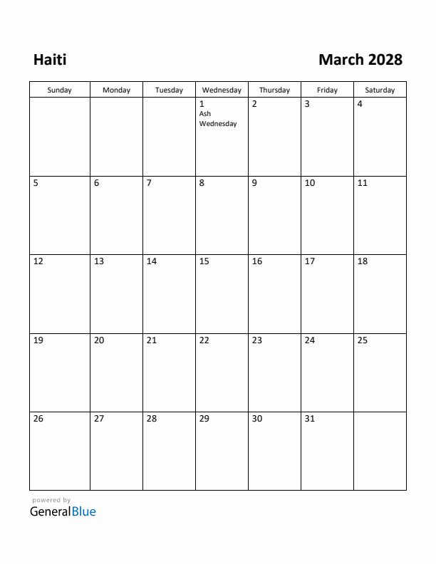 March 2028 Calendar with Haiti Holidays