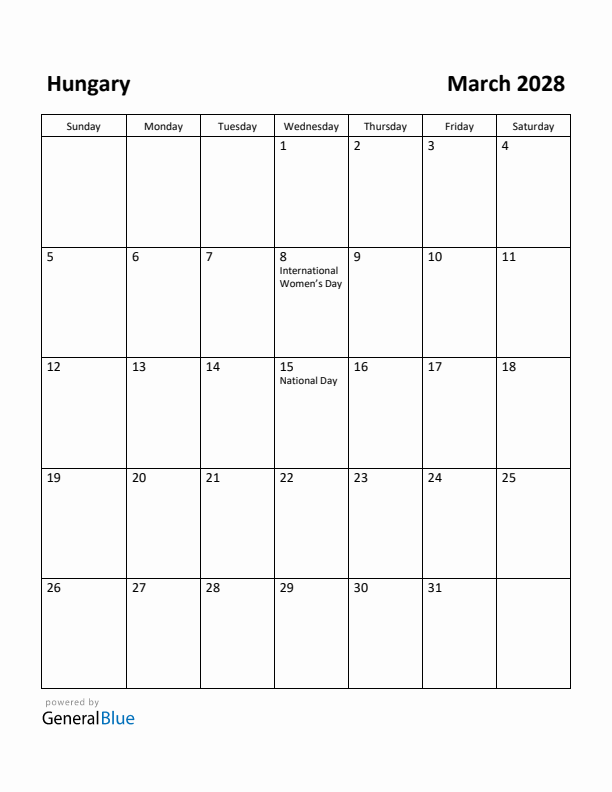 March 2028 Calendar with Hungary Holidays