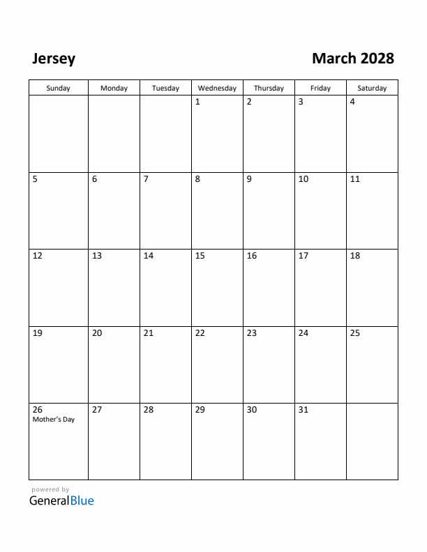 March 2028 Calendar with Jersey Holidays