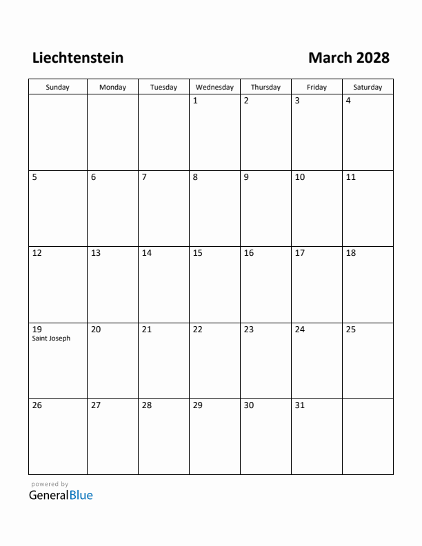 March 2028 Calendar with Liechtenstein Holidays