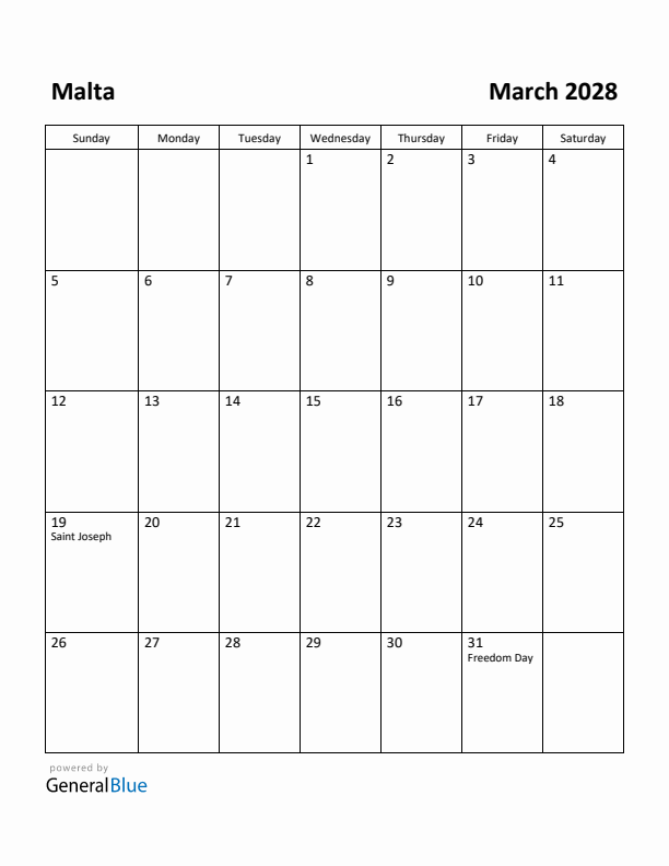March 2028 Calendar with Malta Holidays