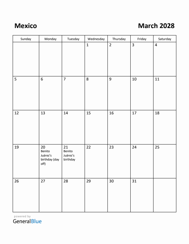 March 2028 Calendar with Mexico Holidays