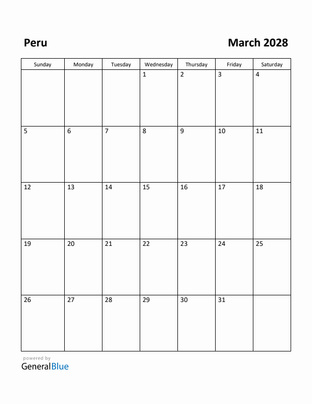 March 2028 Calendar with Peru Holidays
