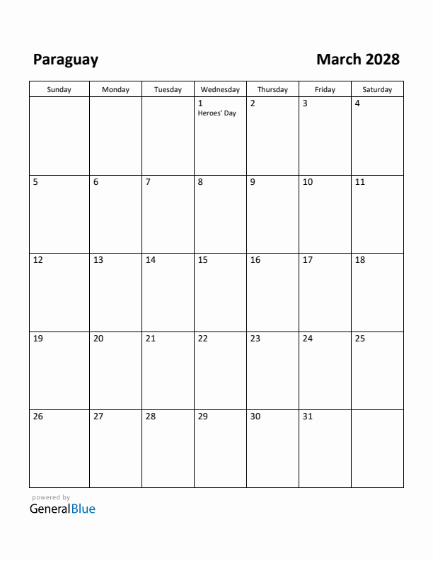 March 2028 Calendar with Paraguay Holidays