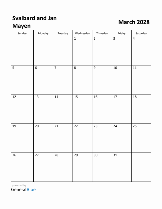 March 2028 Calendar with Svalbard and Jan Mayen Holidays