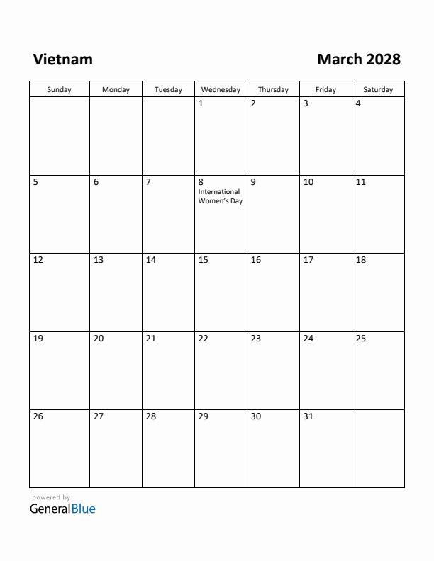 March 2028 Calendar with Vietnam Holidays
