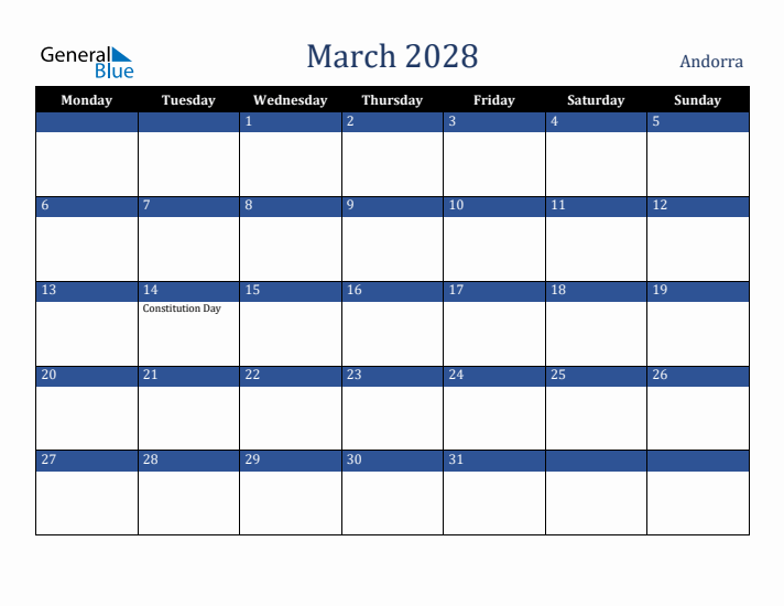 March 2028 Andorra Calendar (Monday Start)
