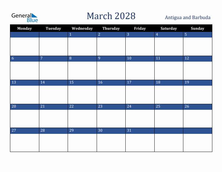 March 2028 Antigua and Barbuda Calendar (Monday Start)