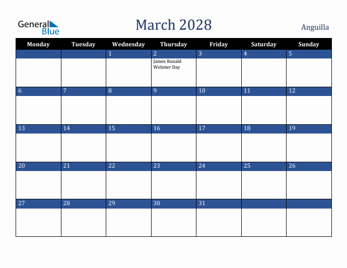 March 2028 Anguilla Calendar (Monday Start)