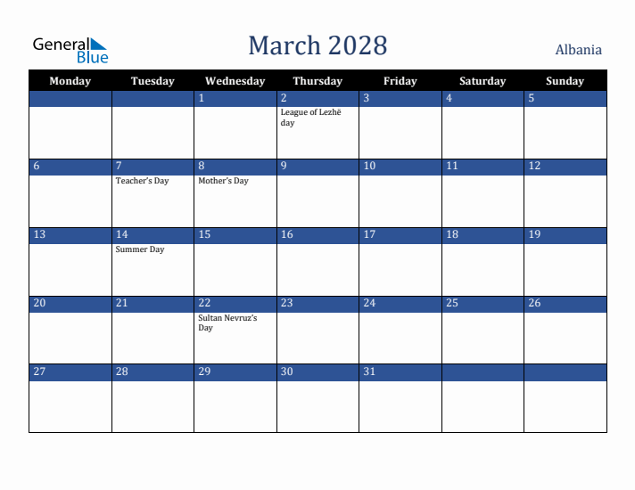 March 2028 Albania Calendar (Monday Start)