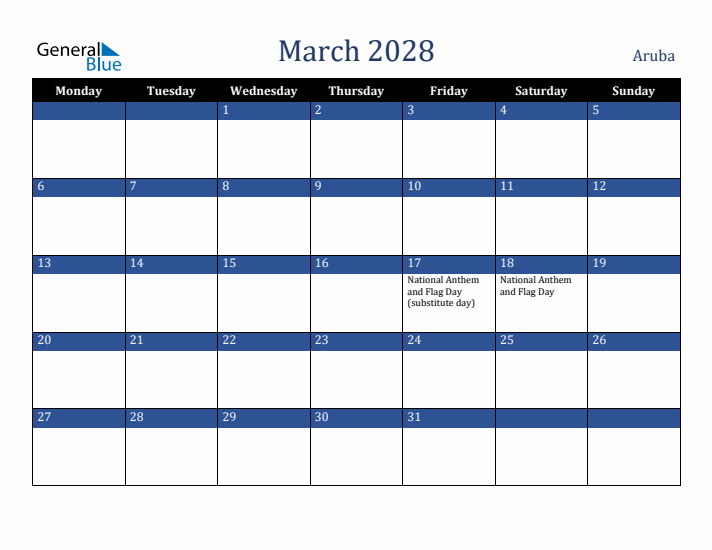 March 2028 Aruba Calendar (Monday Start)