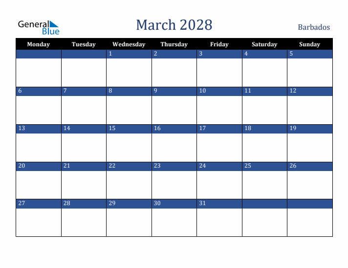 March 2028 Barbados Calendar (Monday Start)