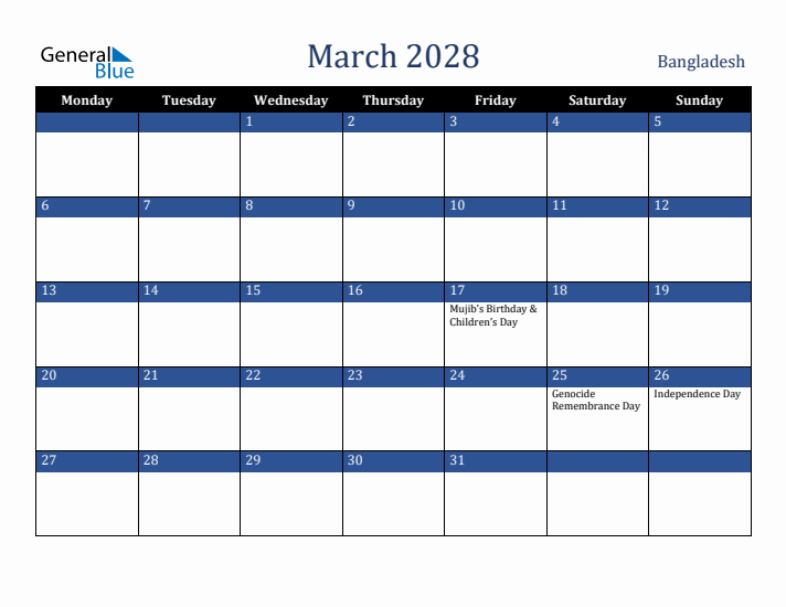 March 2028 Bangladesh Calendar (Monday Start)