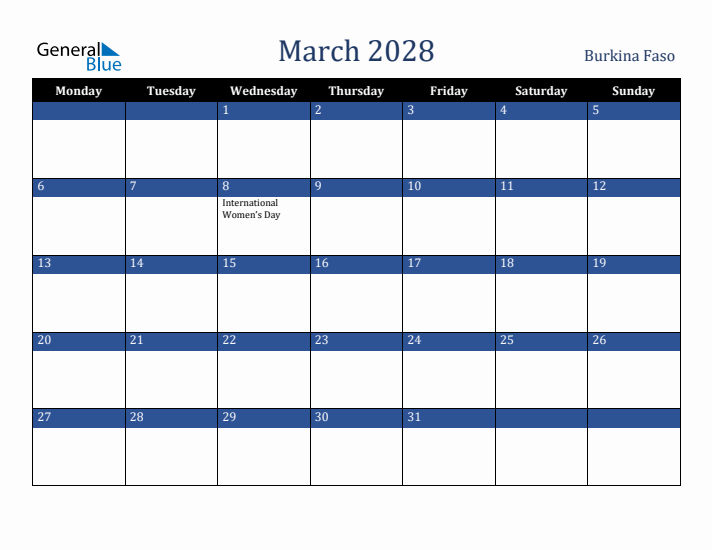 March 2028 Burkina Faso Calendar (Monday Start)