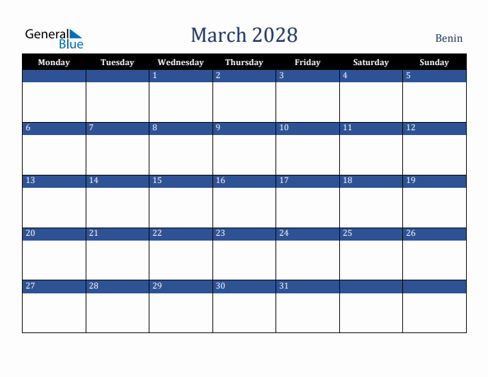 March 2028 Benin Calendar (Monday Start)
