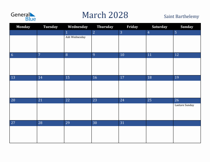 March 2028 Saint Barthelemy Calendar (Monday Start)