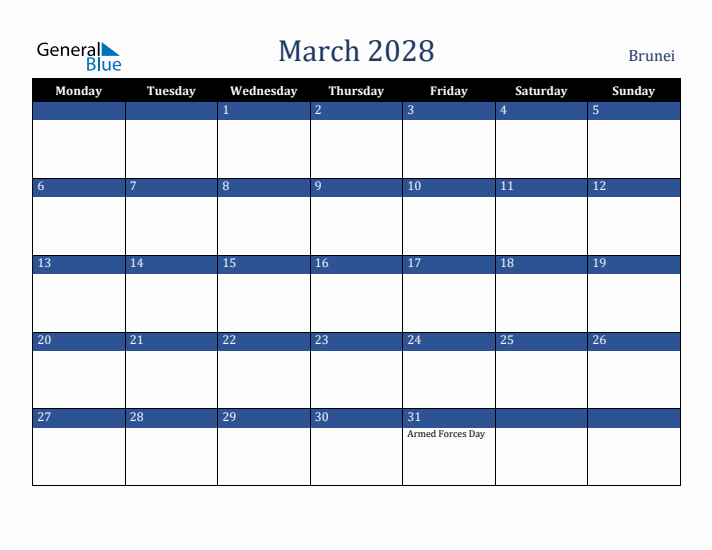 March 2028 Brunei Calendar (Monday Start)