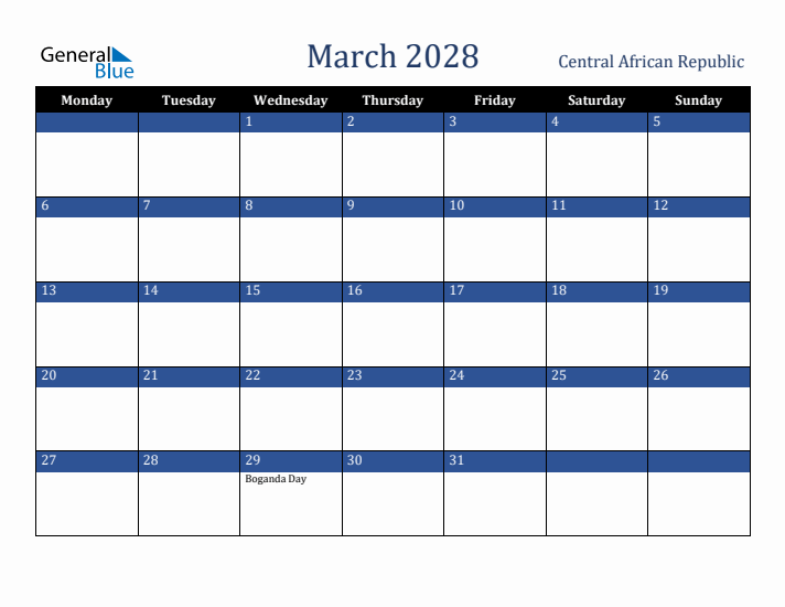 March 2028 Central African Republic Calendar (Monday Start)