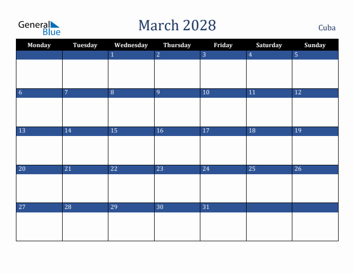 March 2028 Cuba Calendar (Monday Start)