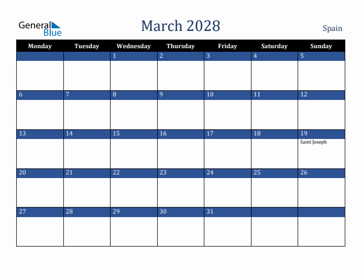 March 2028 Spain Calendar (Monday Start)
