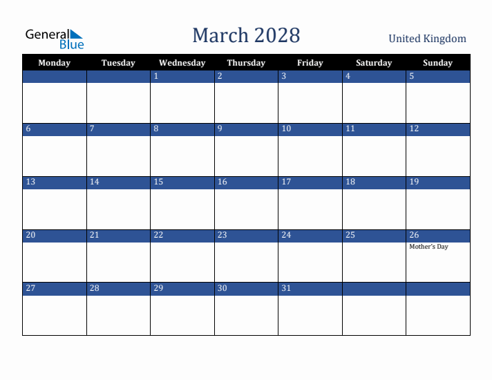 March 2028 United Kingdom Calendar (Monday Start)