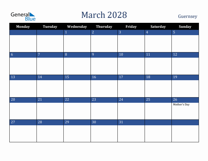 March 2028 Guernsey Calendar (Monday Start)